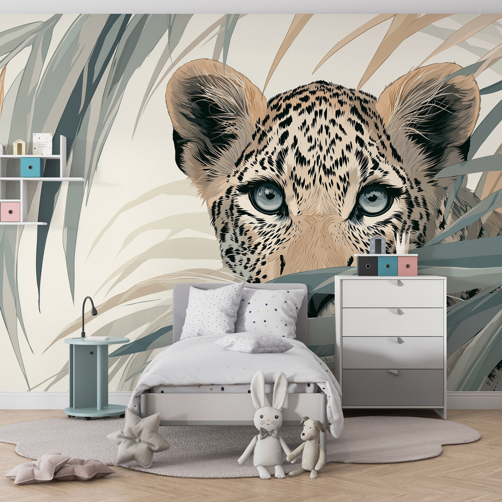 Safari leopard wallpaper transforming kids bedroom into tropical jungle sanctuary with beige tones