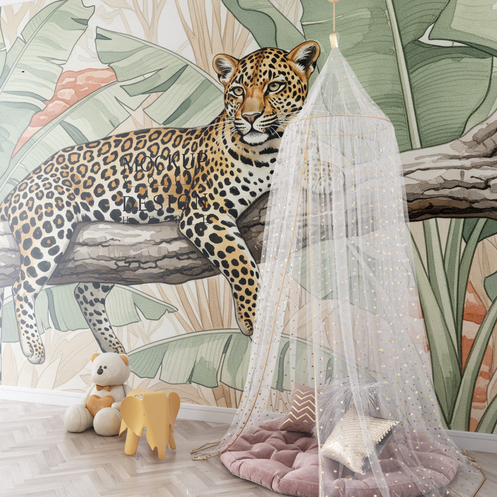 Majestic leopard wallpaper creating wildlife-themed kids bedroom with tropical jungle decor