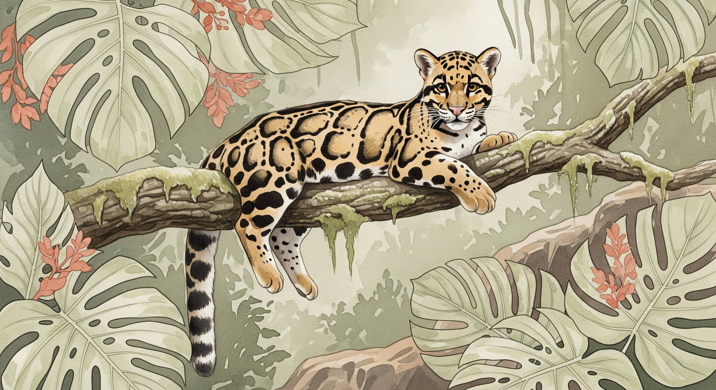 Detailed jungle leopard mural wallpaper design pattern with tropical foliage by Kids-Mundo