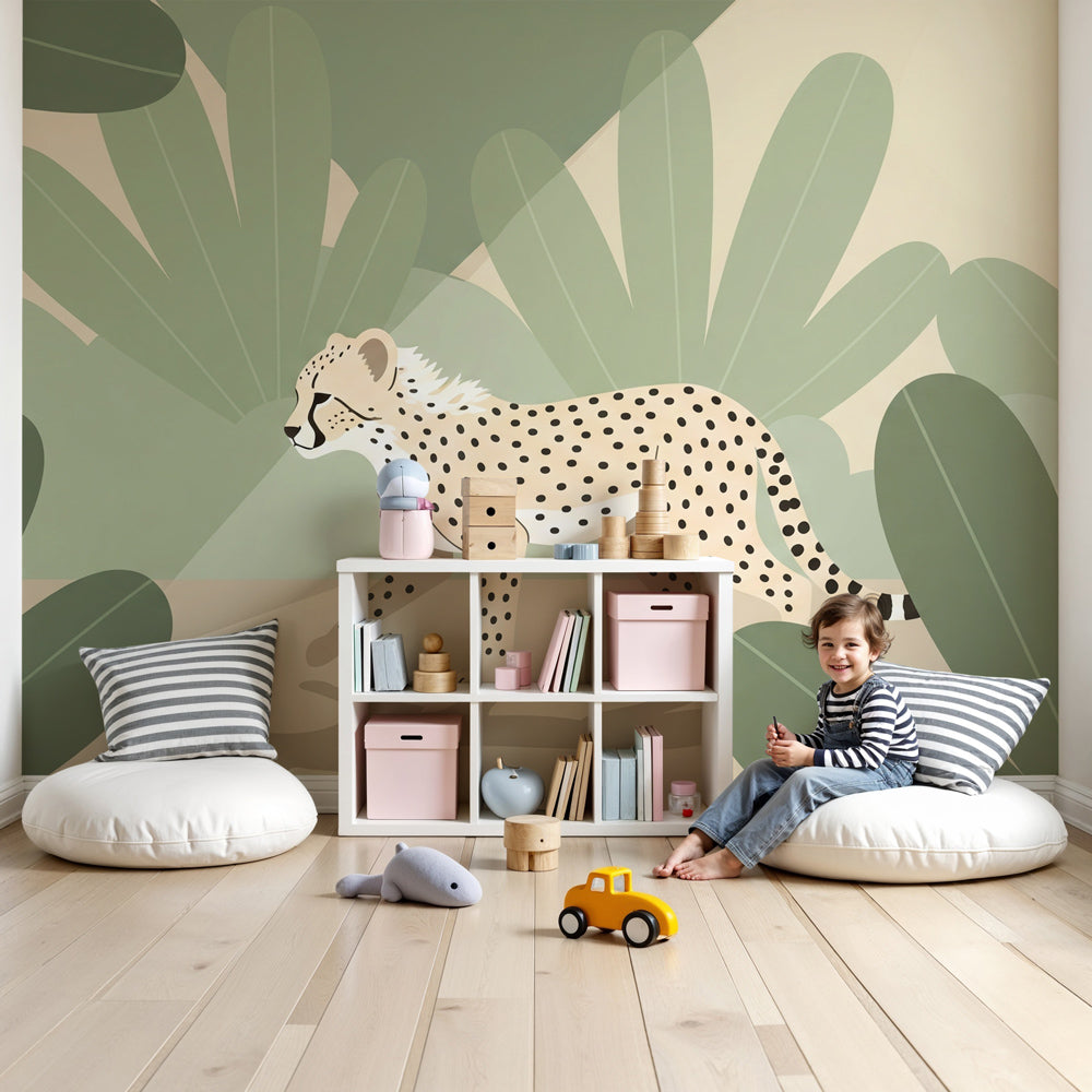 Jungle leopard mural wallpaper creating safari adventure atmosphere in modern nursery by Kids-Mundo