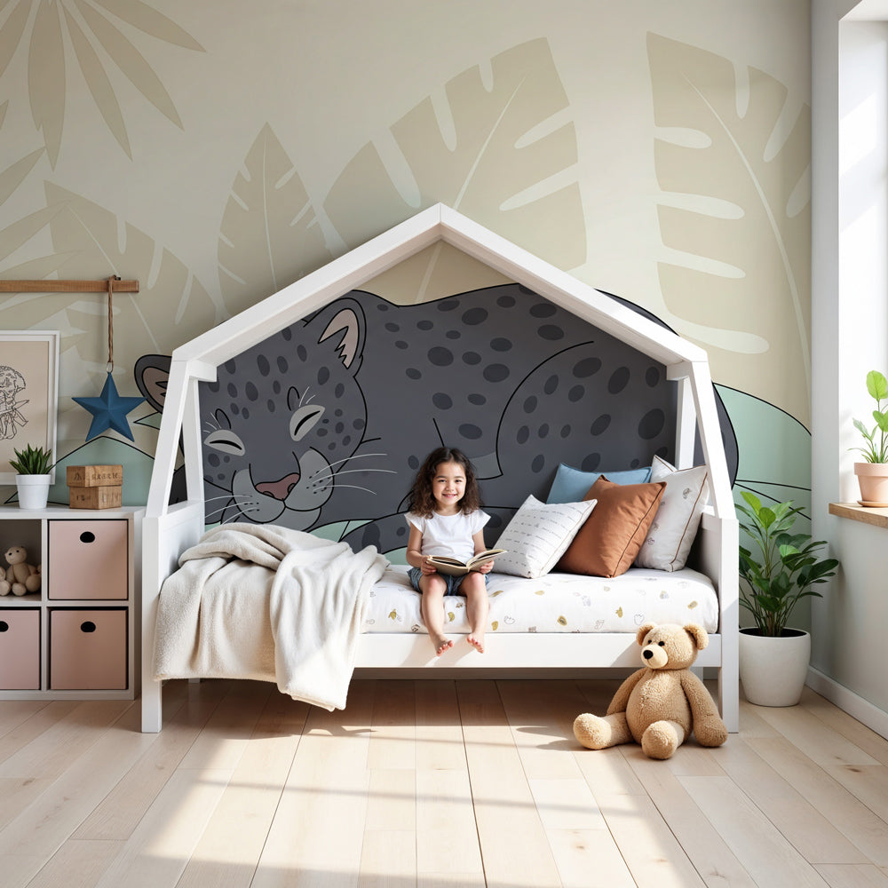 Jungle leopard mural wallpaper creating peaceful safari nursery with sleeping leopard design by Kids-Mundo