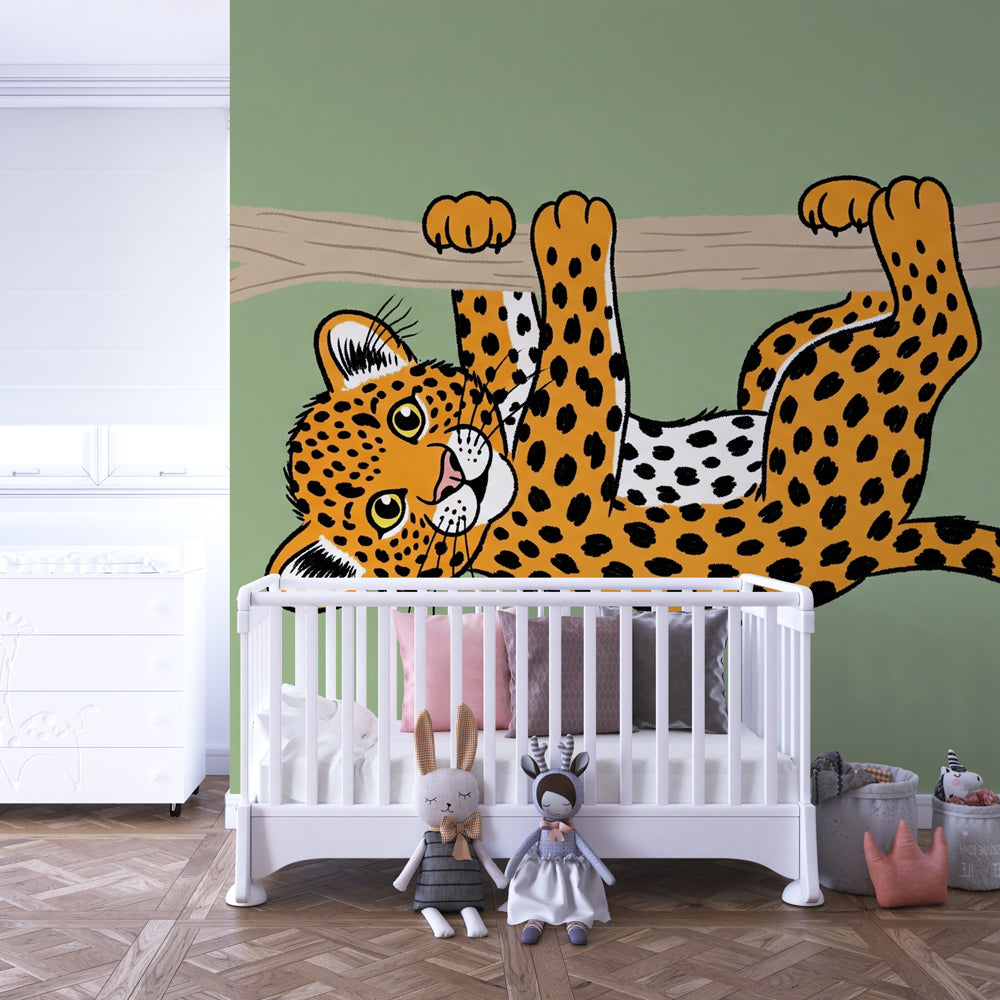 Playful leopard wallpaper transforming children's playroom with safari adventure theme