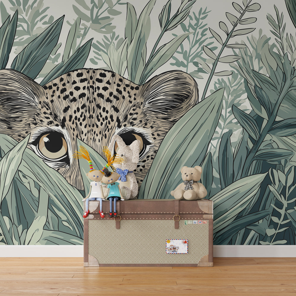 Curious leopard wallpaper creating adventurous safari-themed children's bedroom decor