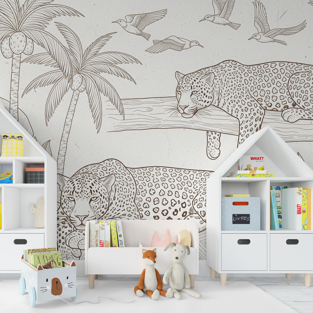 Safari leopards wallpaper transforming children's bedroom into tropical jungle expedition space