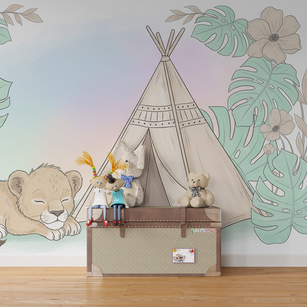 Safari theme mural wallpaper featuring lion cub in cozy children's bedroom decor