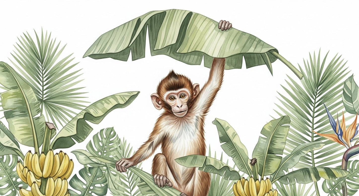 Detailed jungle monkey mural wallpaper design pattern with tropical foliage by Kids-Mundo