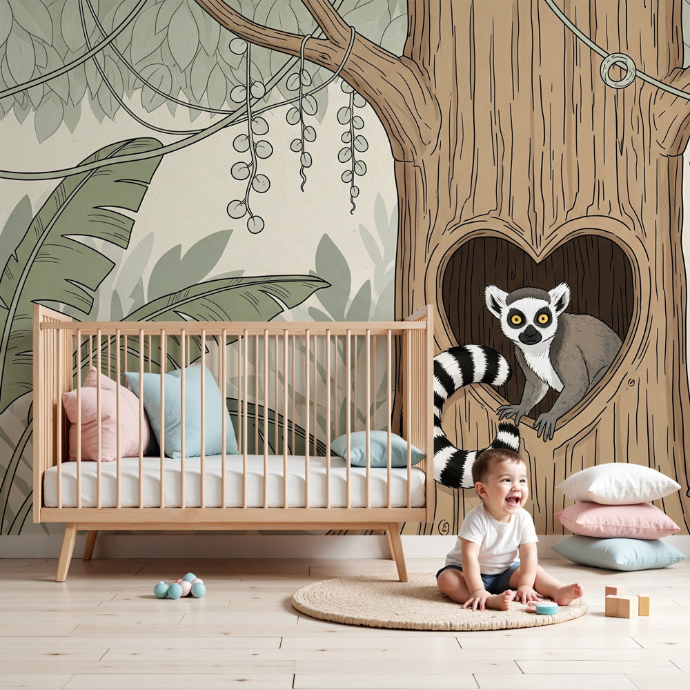 Jungle monkey mural wallpaper creating tropical adventure theme in modern kids nursery by Kids-Mundo