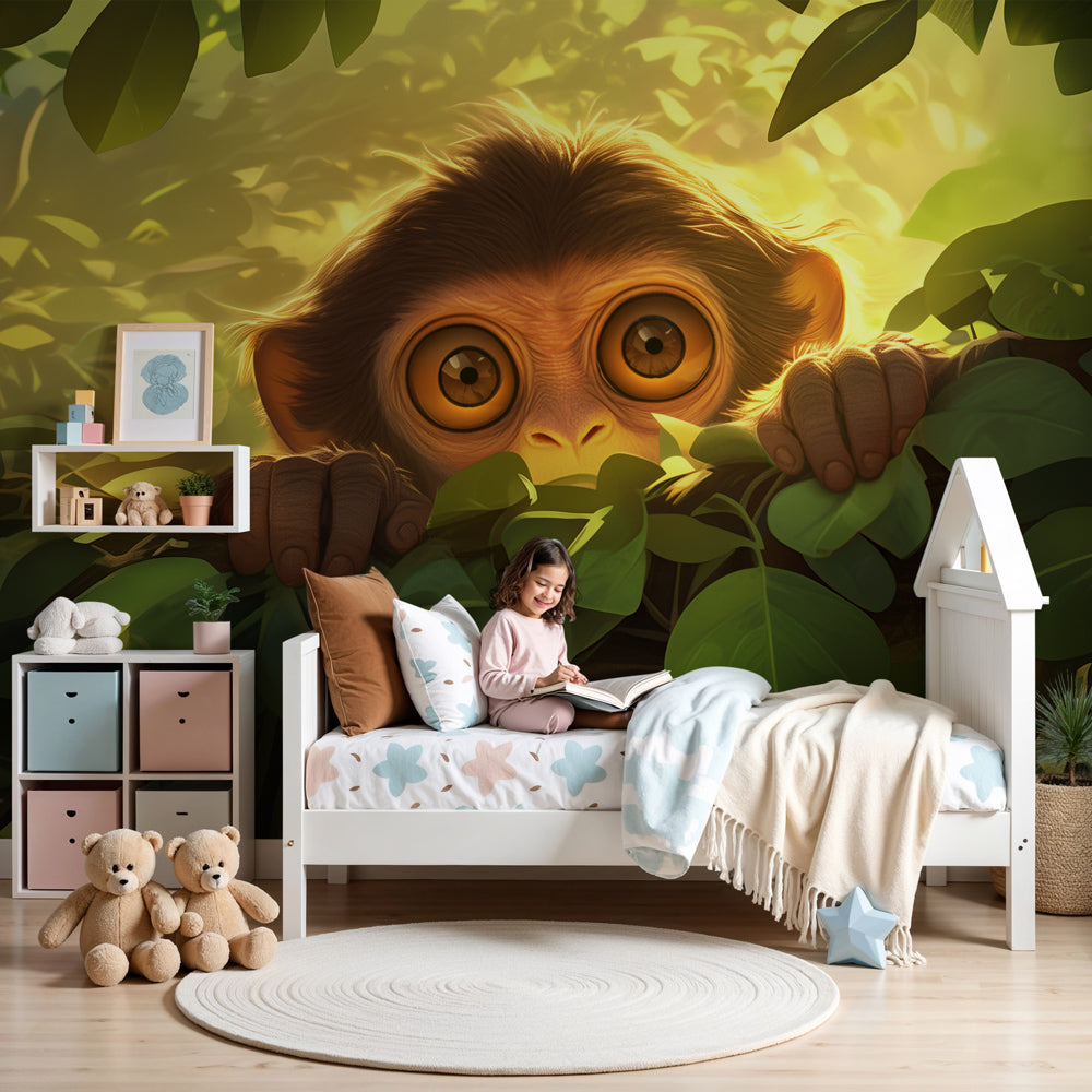 Jungle monkey mural wallpaper creating tropical safari atmosphere in modern nursery by Kids-Mundo