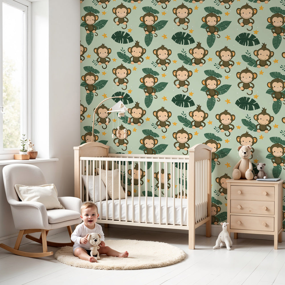Jungle monkey mural wallpaper creating tropical adventure theme in modern kids nursery by Kids-Mundo