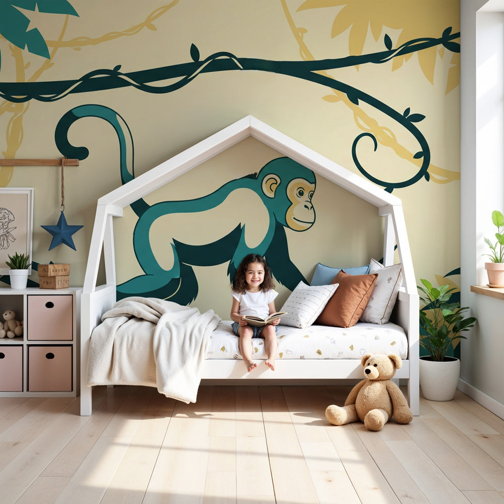 Jungle monkey mural wallpaper creating safari adventure atmosphere in modern nursery by Kids-Mundo
