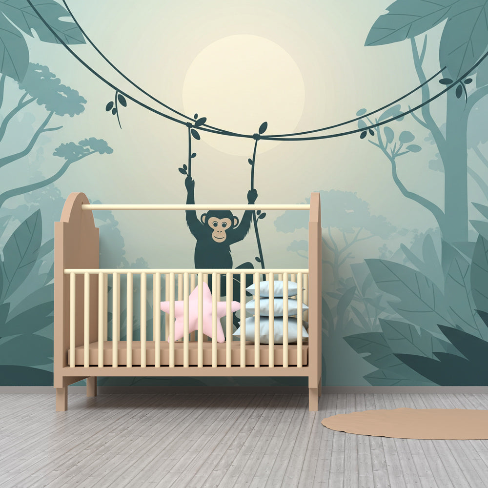 Playful monkey jungle wallpaper creating serene safari atmosphere in children's bedroom