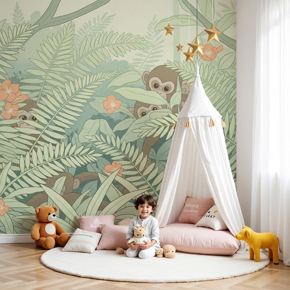 Jungle monkeys mural wallpaper in modern nursery with tropical ferns and flowers by Kids-Mundo