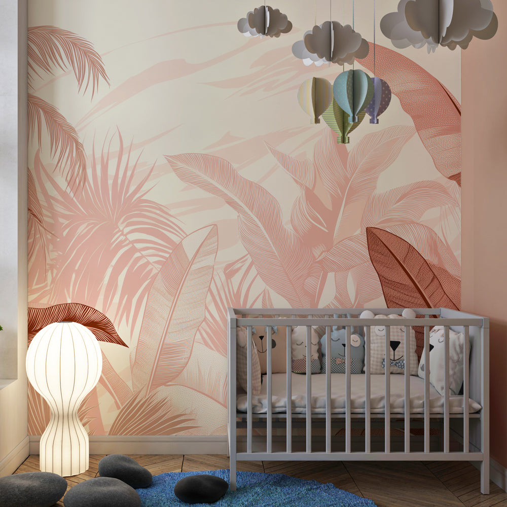 Tropical leaves wallpaper creating serene children's bedroom with natural wood furniture and soft lighting