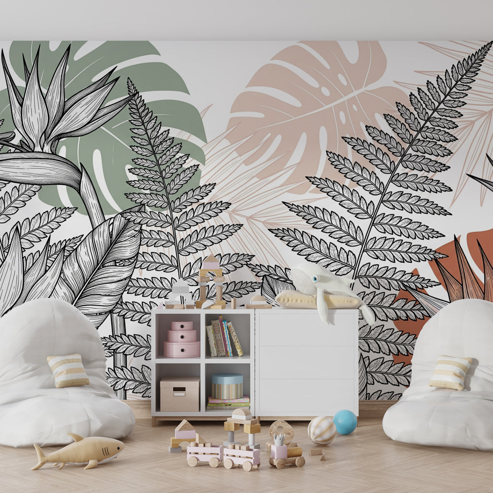 Tropical jungle wallpaper creating adventurous kids bedroom decor with fern and flower motifs