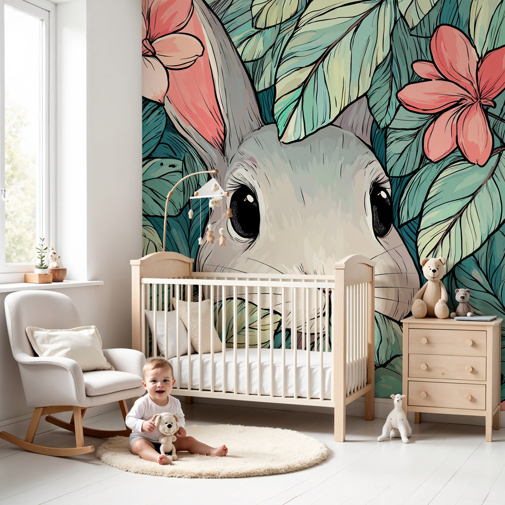 Jungle rabbit mural wallpaper with floral details in modern nursery setting by Kids-Mundo