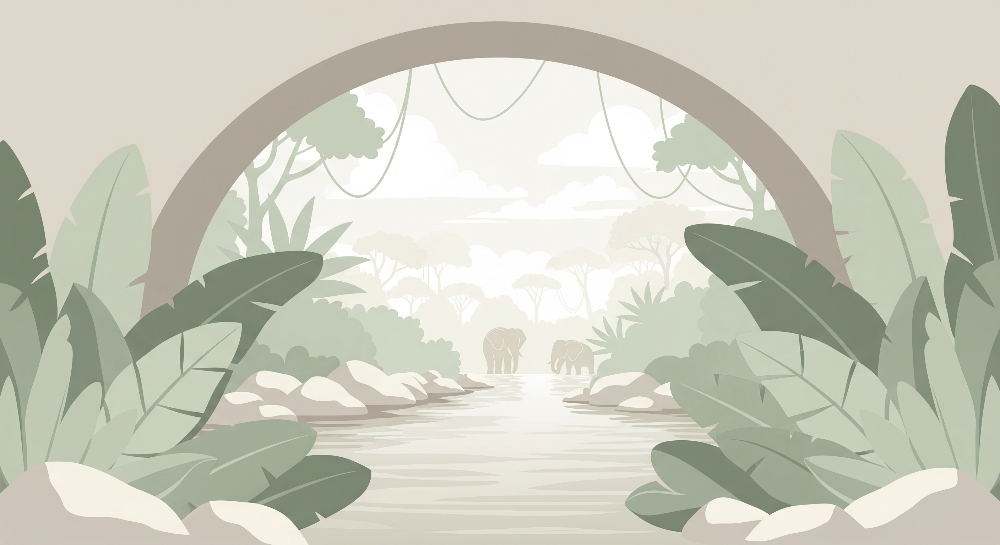 Kids-Mundo flat artwork of a stone archway framing elephants beside a jungle river