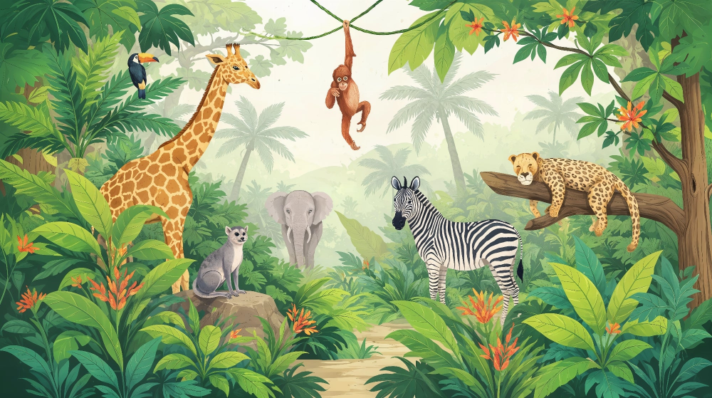 Kids-Mundo flat artwork design of a jungle safari scene with giraffe, zebra, leopard and toucan.