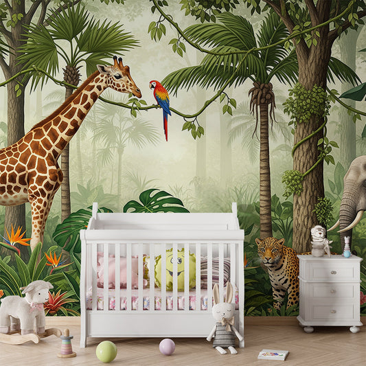 Kids-Mundo jungle safari wall mural featuring giraffe and elephant in a child's bedroom setting