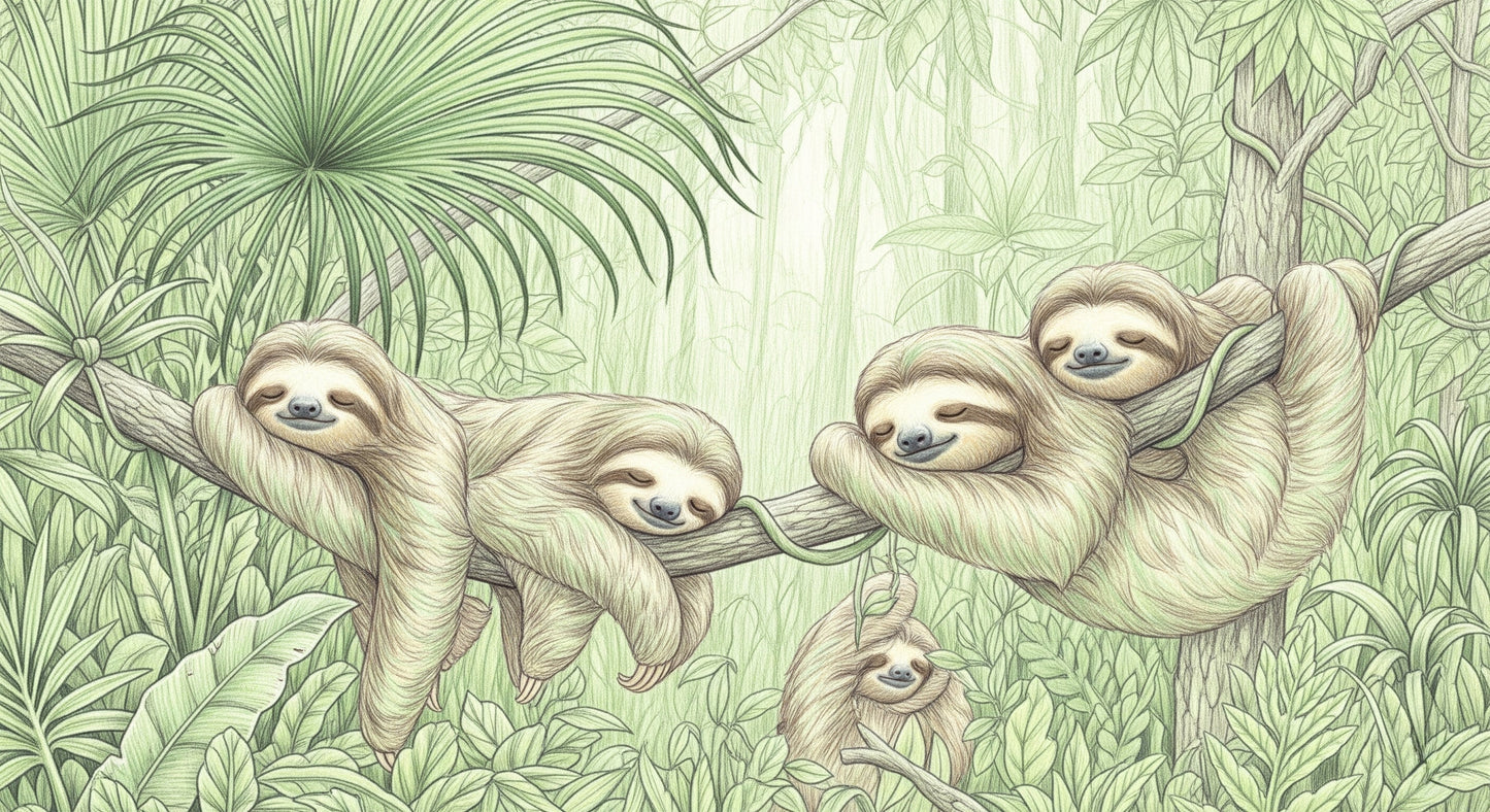 Detailed jungle sloth mural wallpaper design pattern showing sleeping animals and tropical leaves by Kids-Mundo