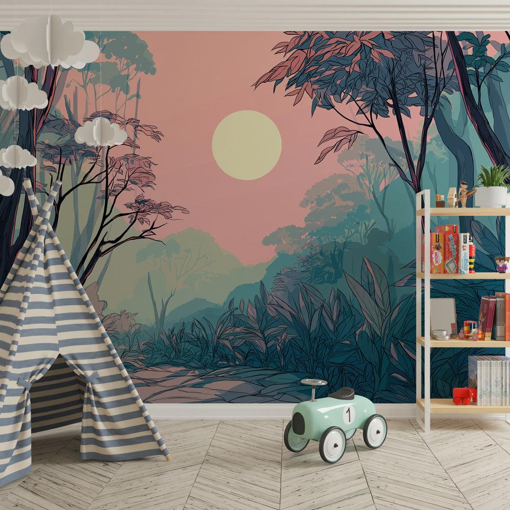 Tropical sunset wallpaper in modern kids bedroom showcasing pink blue jungle scene for children's decor