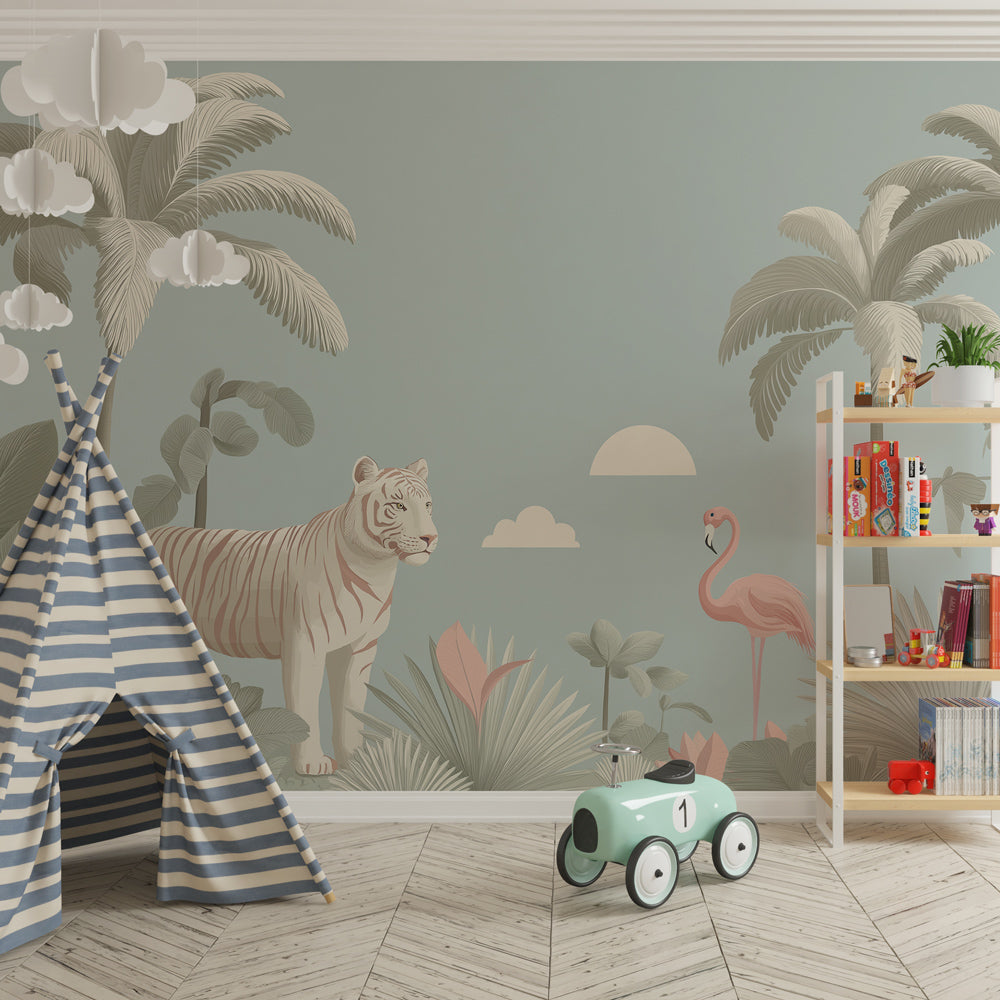 White tiger and flamingo wallpaper creating tropical atmosphere in children's bedroom