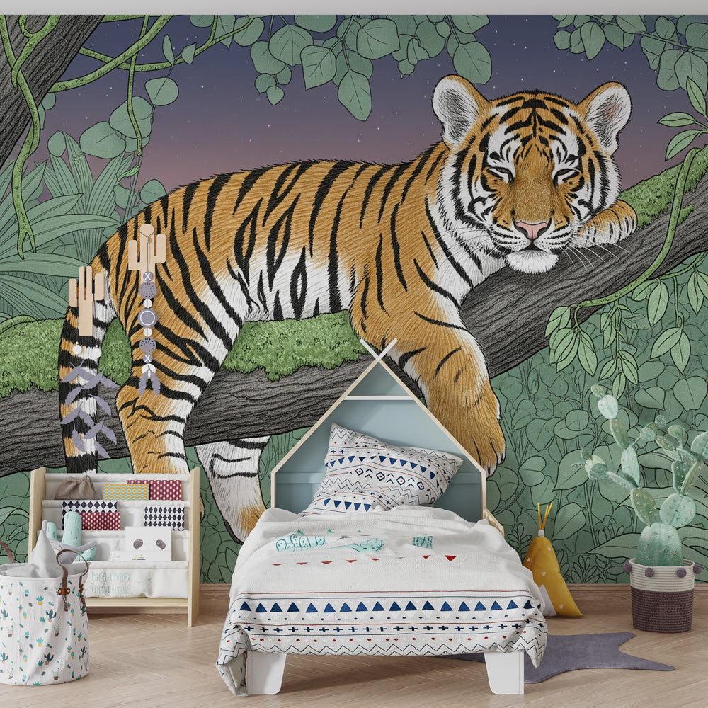 Tropical tiger wallpaper creating wildlife adventure theme in children's bedroom