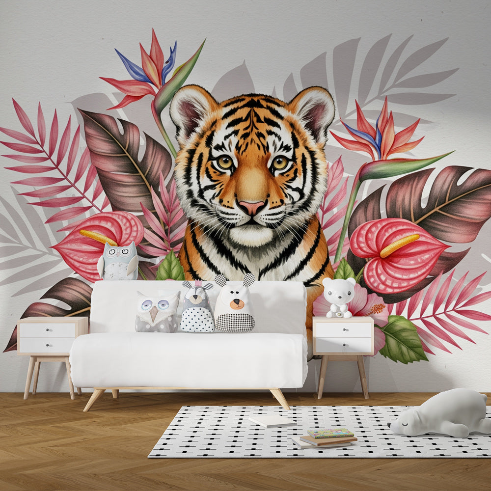 Majestic tiger wallpaper creating wildlife adventure theme in kids bedroom