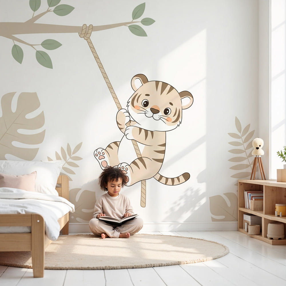Jungle tiger mural wallpaper in modern nursery with playful cub swinging from rope by Kids-Mundo