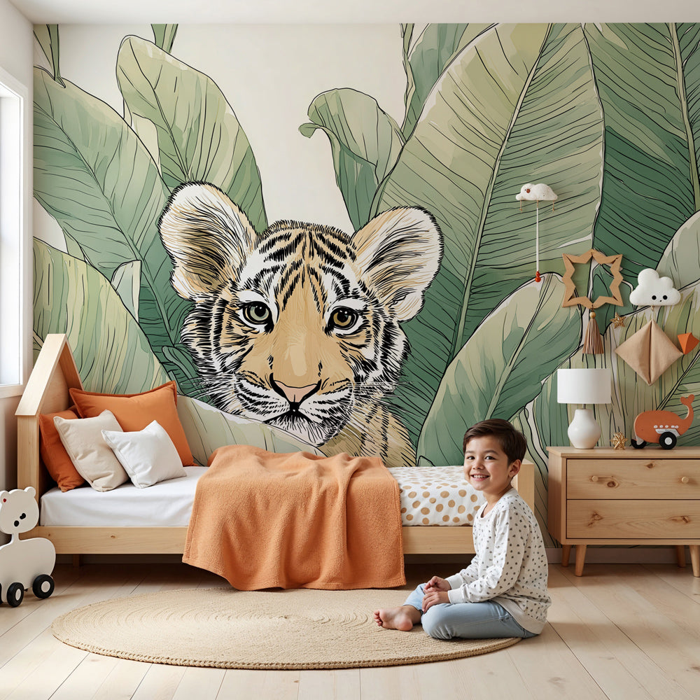 Jungle tiger mural wallpaper in modern nursery with natural wood crib by Kids-Mundo