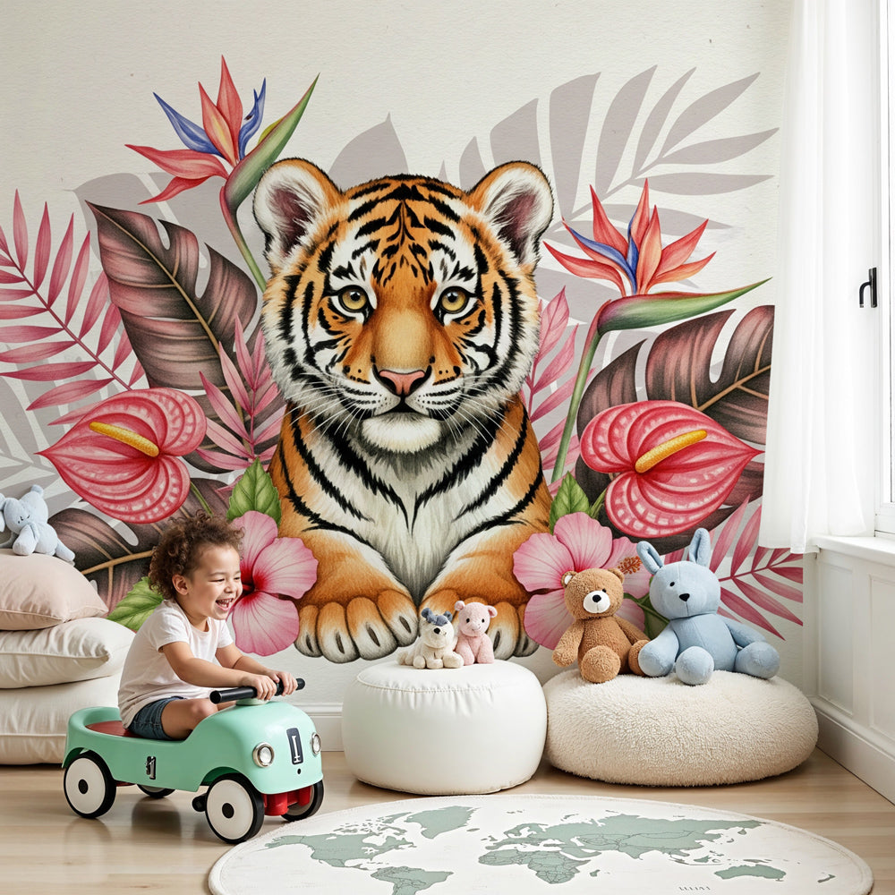 Jungle tiger mural wallpaper in modern nursery with tropical decor by Kids-Mundo