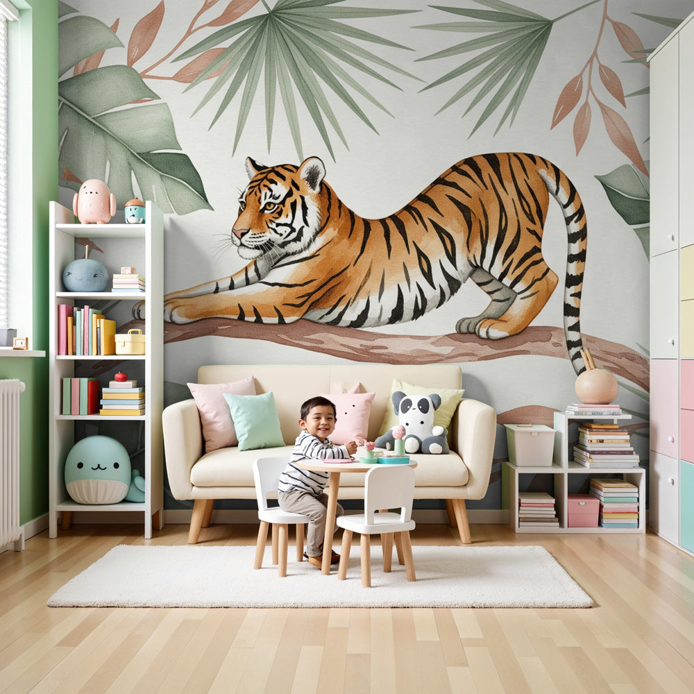 Jungle tiger mural wallpaper in modern nursery room setting by Kids-Mundo