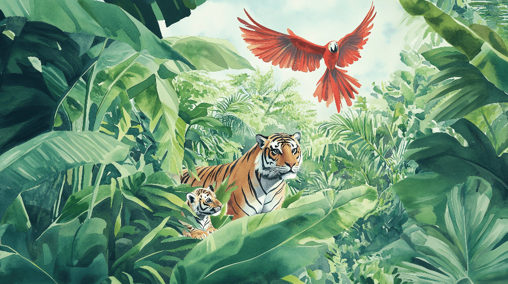 Detailed jungle tigers and red parrot mural wallpaper design pattern by Kids-Mundo