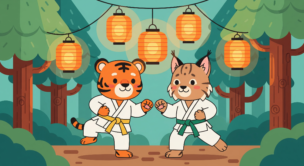 Flat artwork preview of the Kids-Mundo karate tiger and lynx cubs wall mural with glowing lanterns in a forest.