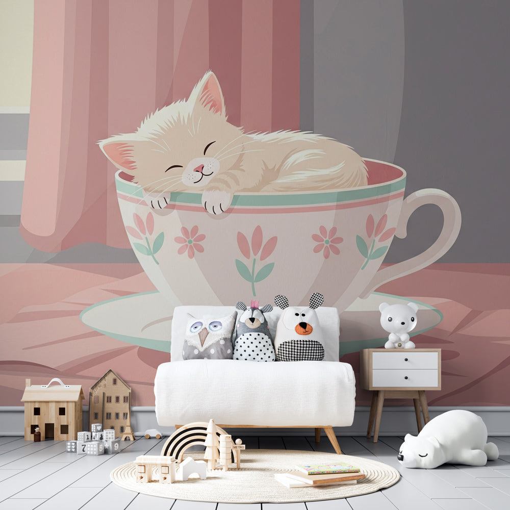 Floral teacup cat wallpaper creating cozy children's bedroom atmosphere