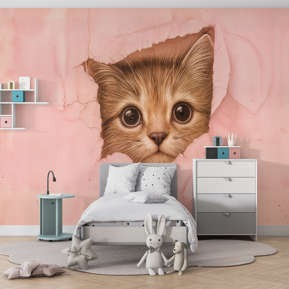 Soft pink kitten wallpaper decorating modern girls bedroom with adorable cat theme by Kids-Mundo
