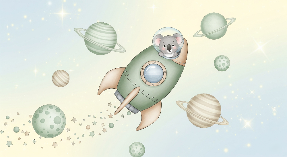 Kids-Mundo flat artwork of a koala astronaut in a rocket among planets