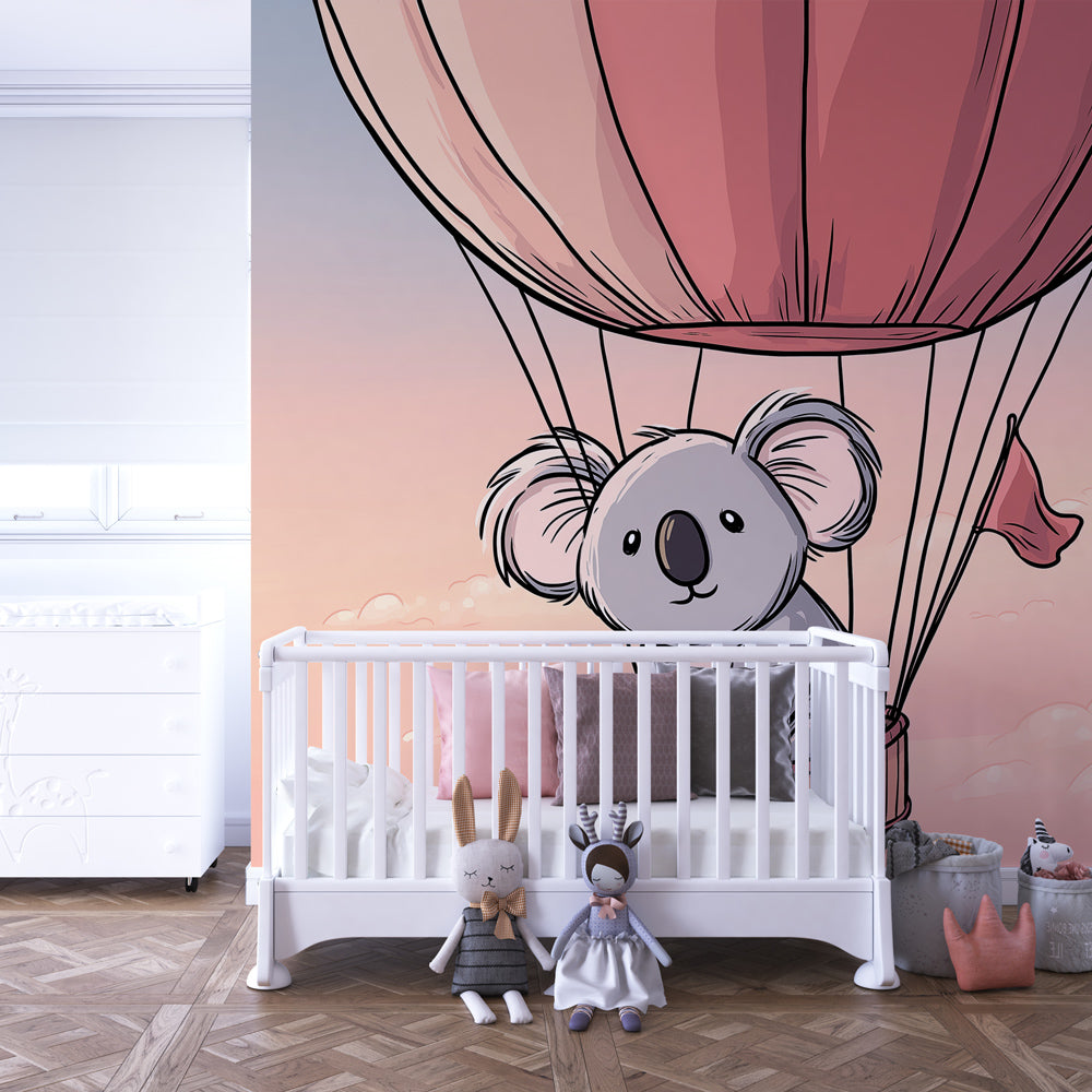 Pastel koala balloon wallpaper creating dreamy atmosphere in children's bedroom decor