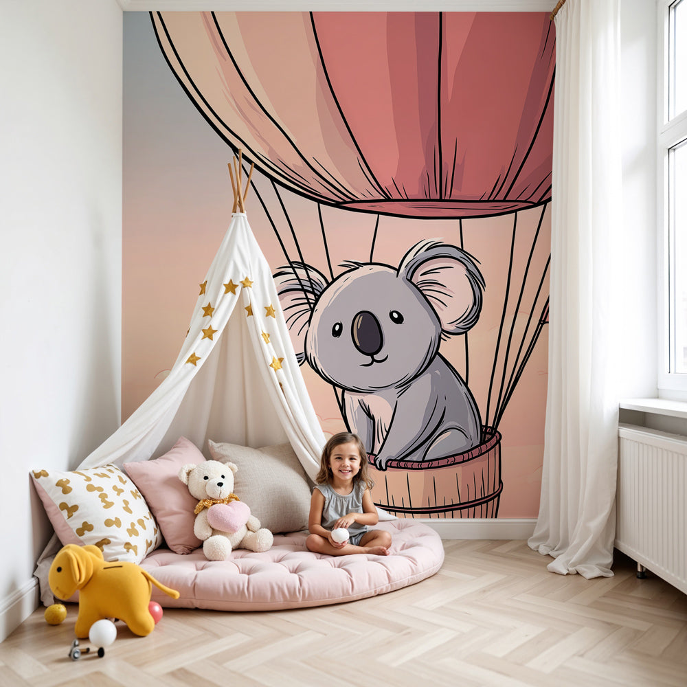 Koala hot air balloon mural wallpaper in modern baby nursery with white crib by Kids-Mundo