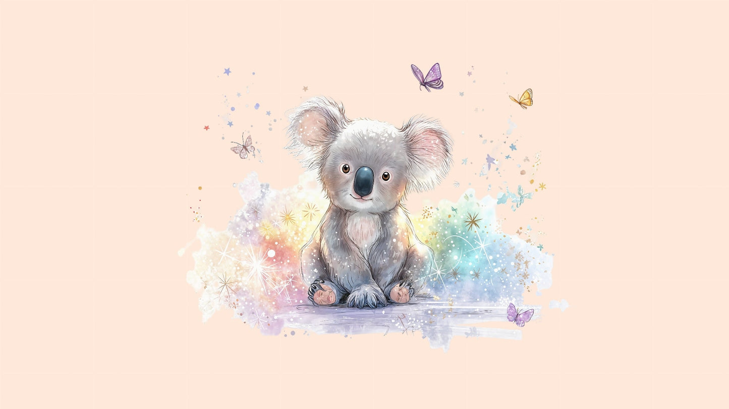 Kids-Mundo flat artwork of a sparkly baby koala with butterflies on a warm blush-pink background