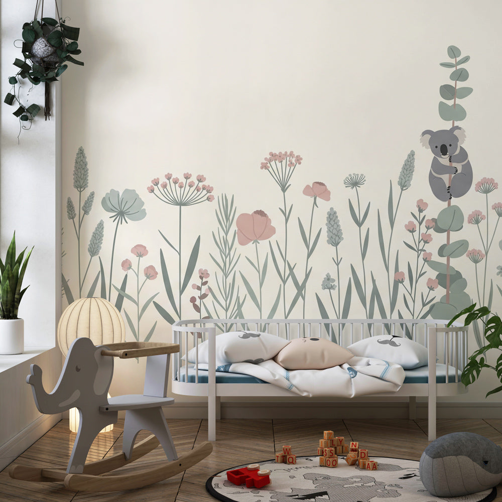 Sweet koala garden wallpaper creating serene children's bedroom decor with natural elements