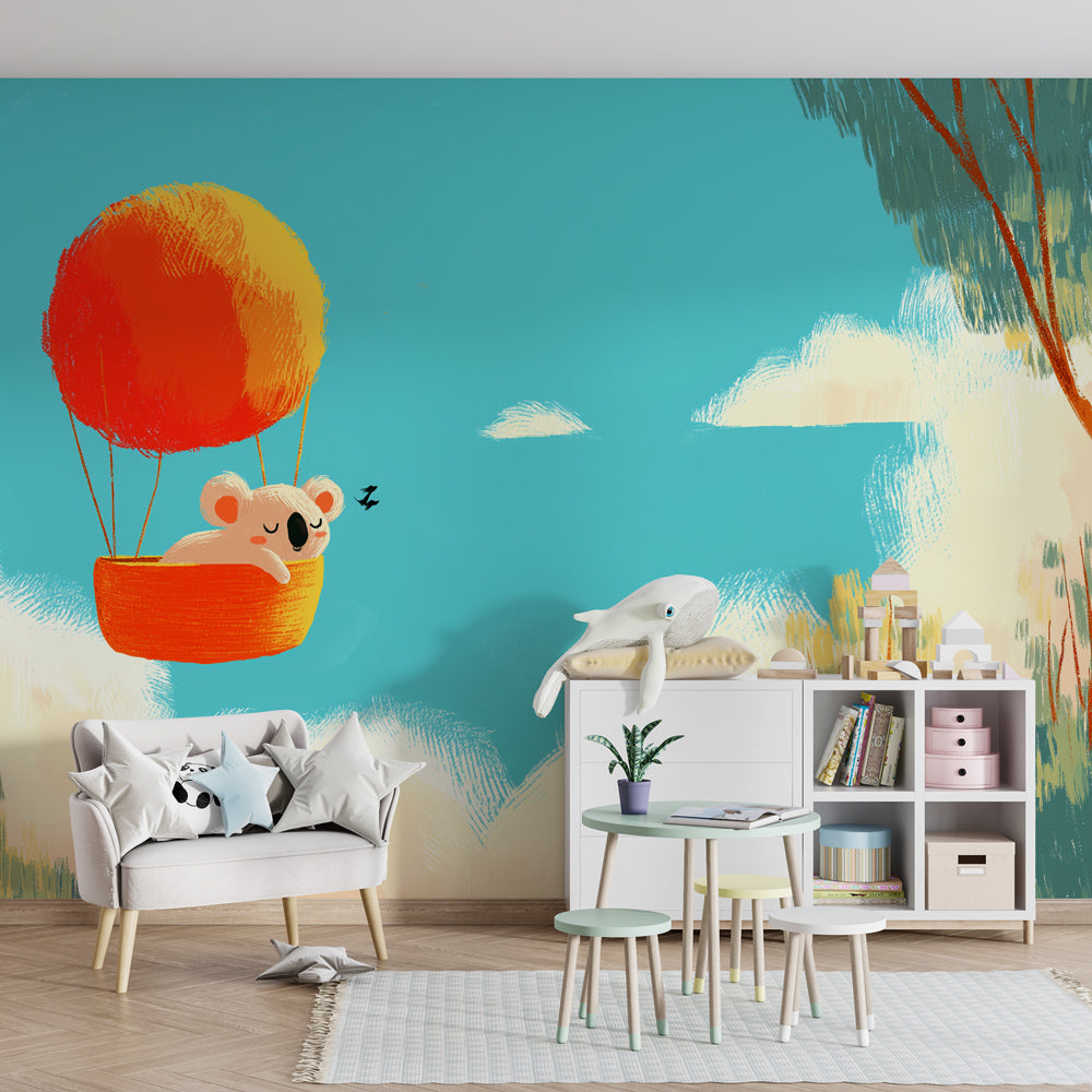 Adventure themed koala balloon wallpaper creating dreamy atmosphere in children's bedroom