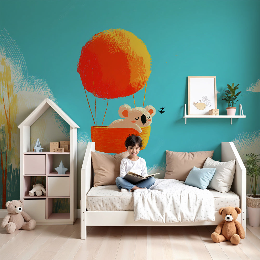Koala hot air balloon mural wallpaper in modern nursery with wooden crib by Kids-Mundo