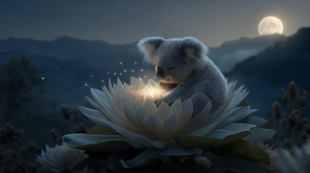 Koala on a Glowing Lotus Under the Moon Wall Mural