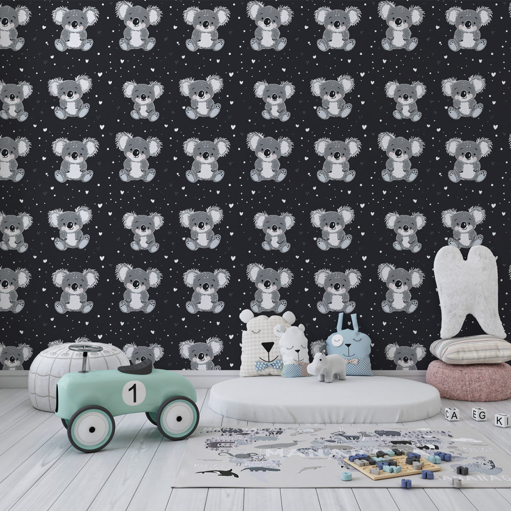 Koala animal wallpaper creating peaceful atmosphere in children's bedroom with natural wood furniture