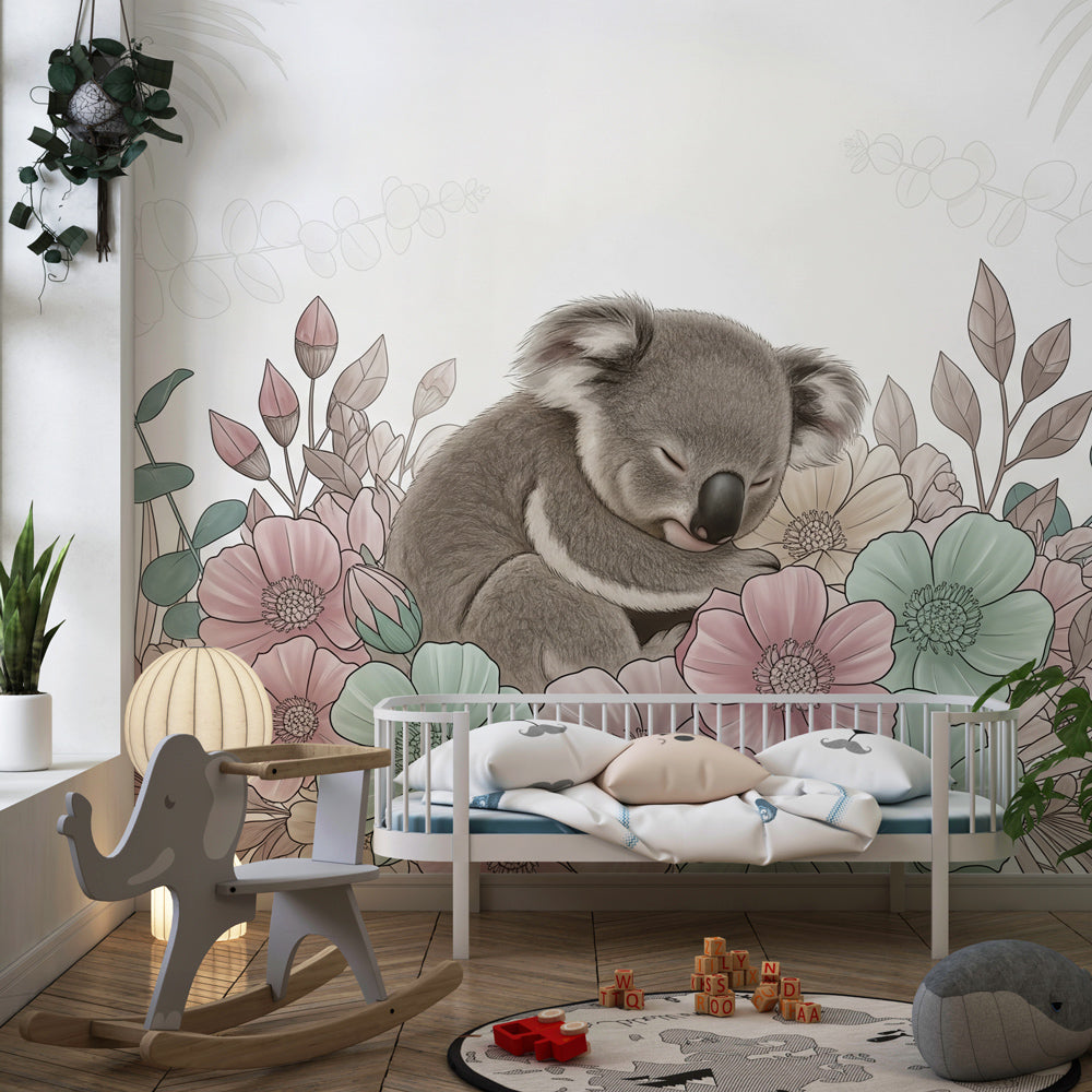 Peaceful koala wallpaper creating serene children's bedroom atmosphere with natural wood furniture