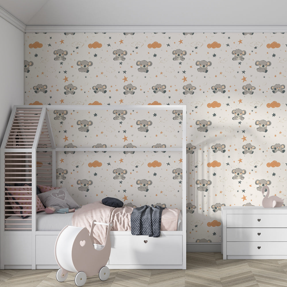 Starry koala wallpaper creating magical atmosphere in children's bedroom decor