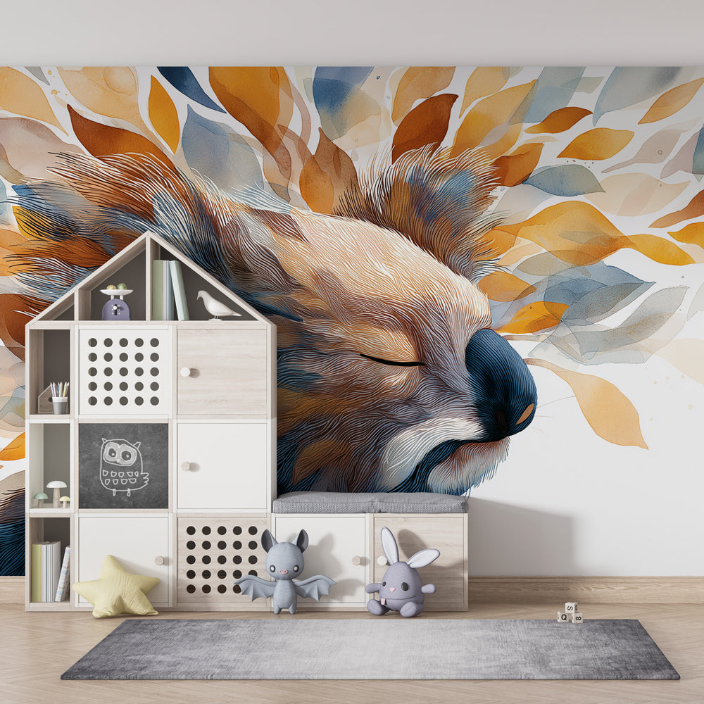 Nature-themed koala wallpaper creating peaceful atmosphere in children's bedroom with wooden furniture