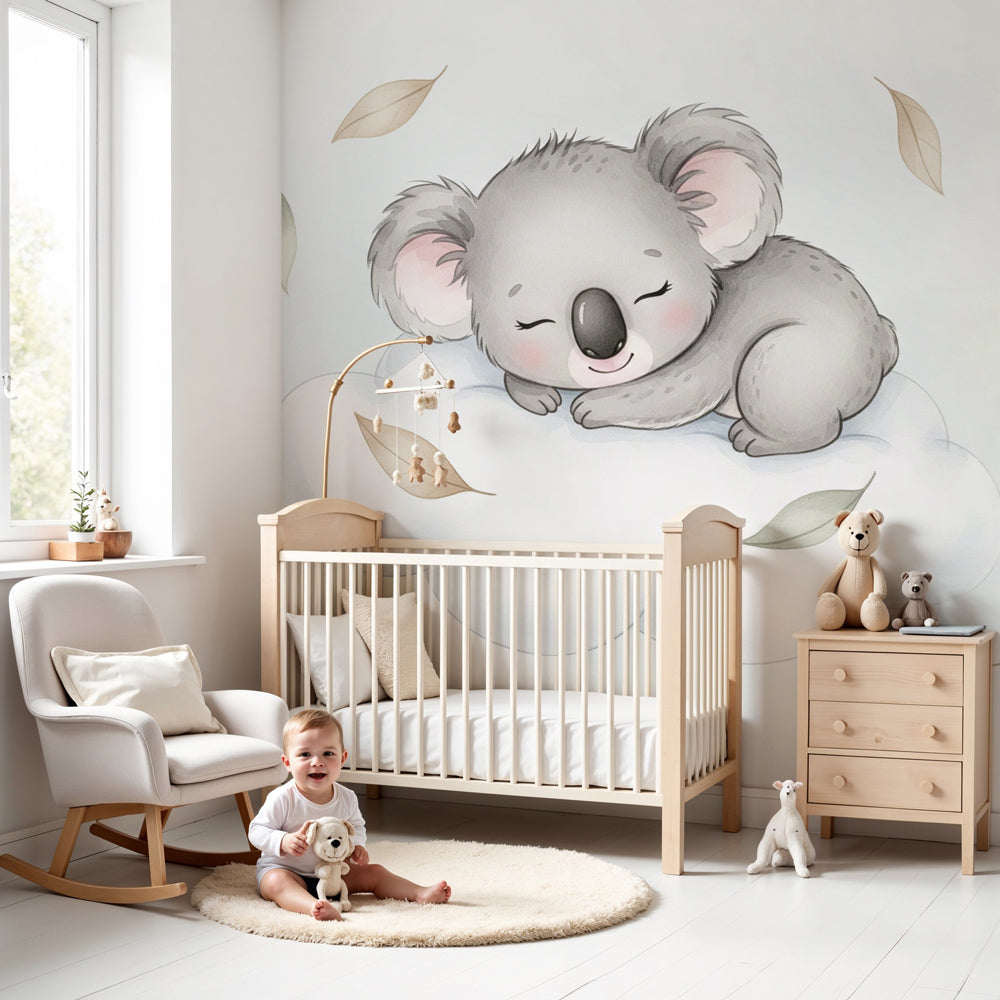 Koala sleeping on cloud mural wallpaper in peaceful nursery with crib by Kids-Mundo