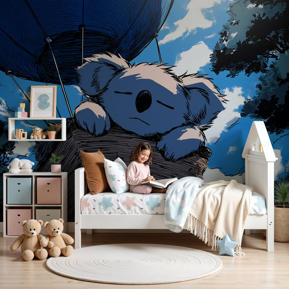 Koala air balloon mural wallpaper in modern baby nursery with natural wood furniture by Kids-Mundo