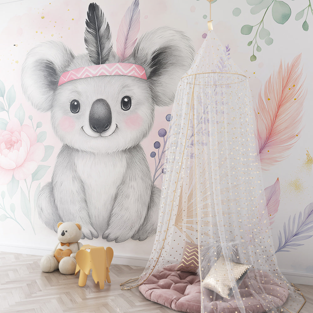 Koala animal wallpaper with pastel flowers in modern toddler bedroom setting